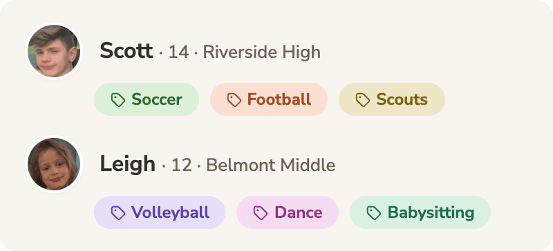 Two kid profiles in Cubby — each with age, school, and activity tags like soccer, dance, and scouts